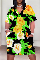 Black Yellow Casual Street Floral Print Pocket Contrast V Neck Printed Plus Size Dresses