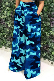 Blue Casual Street Geometric Print Camouflage Print Pocket Contrast Loose High Waist Wide Leg Full Print Bottoms