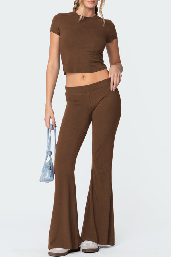 Coffee Casual Solid Color Patchwork O Neck Short Sleeve Two Pieces