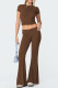 Coffee Casual Solid Color Patchwork O Neck Short Sleeve Two Pieces