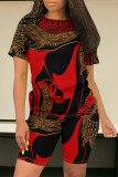 Multicolor Casual Daily Geometric Print Flowers Pocket Contrast O Neck Short Sleeve Two Pieces