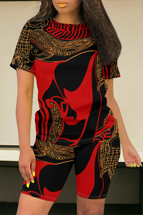 Black Red Casual Daily Geometric Print Flowers Pocket Contrast O Neck Short Sleeve Two Pieces