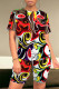 Brown Red Casual Daily Geometric Print Flowers Pocket Contrast O Neck Short Sleeve Two Pieces