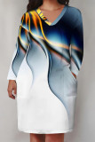 Black Yellow Casual Floral Print Pocket Contrast V Neck Printed Plus Size Dresses