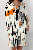 Black Yellow Casual Floral Print Pocket Contrast V Neck Printed Plus Size Dresses