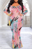 Light Purple Sexy Street Floral Print Contrast V Neck Printed Plus Size Dresses