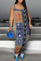 Dark Blue Casual Street Faux Denim Print Pocket Contrast U Neck Boot Cut Jumpsuits