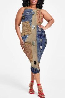 Multicolor Casual Street Faux Denim Print Contrast O Neck Printed Plus Size Dresses
