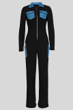 Black Casual Pocket Patchwork Zipper Contrast Turndown Collar Regular Jumpsuits