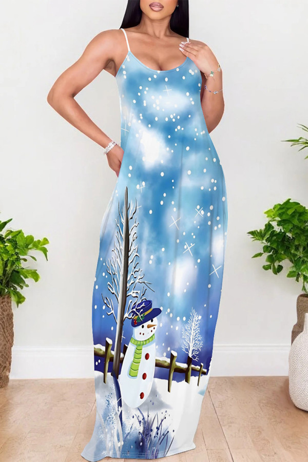 Baby Blue Casual Snowflakes Snowman Print Contrast U Neck Printed Dresses