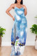 Baby Blue Casual Snowflakes Snowman Print Contrast U Neck Printed Dresses
