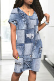 Blue Coffee Casual Daily Faux Denim Print Pocket Contrast V Neck Printed Short Sleeve Dress