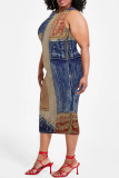 Dark Blue Casual Street Faux Denim Print Contrast O Neck Printed Plus Size Dresses