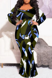 Baby Blue Sexy Street Geometric Print Polka Dot V Neck Fishtail Plus Size Dresses