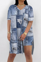 Baby Blue Casual Street Faux Denim Print Slit V Neck Short Sleeve Two Pieces