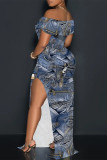 Blue Sexy Street Faux Denim Print Slit Off Shoulder Printed Dresses