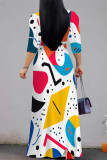 Baby Blue Street Elegant Floral Print Lace Up Contrast V Neck Printed Dresses
