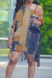 Blue Coffee Casual Street Faux Denim Print Irregular Contrast Sloping Shoulder Plus Size Two Pieces