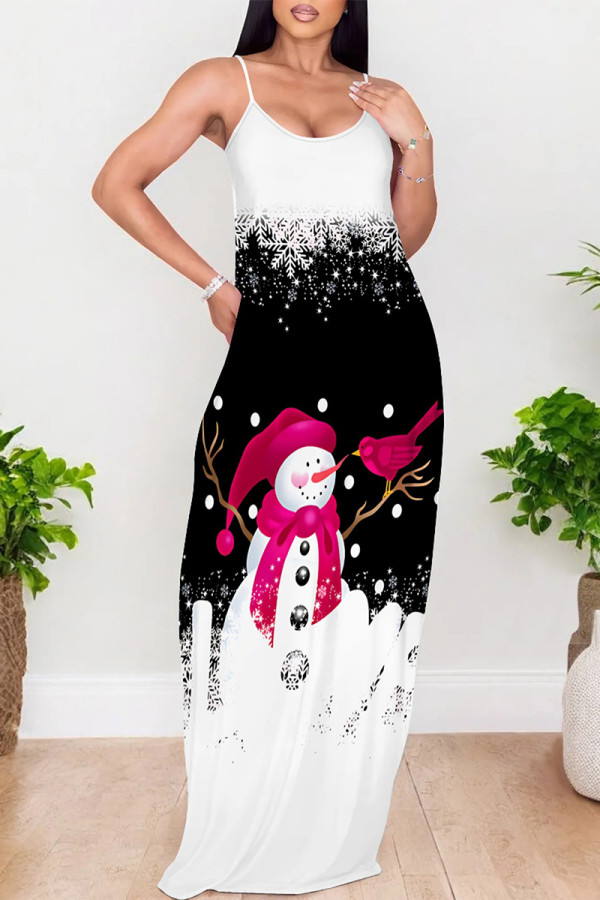 Black And White Casual Snowflakes Snowman Print Contrast U Neck Printed Dresses