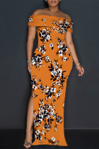 Orange Sexy Street Plaid Cartoon Print Flowers Slit Contrast Off Shoulder Printed Dresses