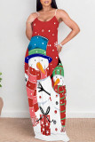 Deep Red Casual Snowflakes Snowman Print Contrast U Neck Printed Dresses