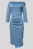 Sky Blue Elegant Solid Color Buckle Patchwork Ruched Off Shoulder Long Dresses