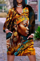 Golden Yellow Casual Street Figure Print Pocket Contrast V Neck Printed Plus Size Dresses