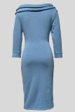 Sky Blue Elegant Solid Color Buckle Patchwork Ruched Off Shoulder Long Dresses