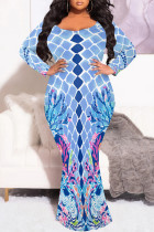 Baby Blue Sexy Street Geometric Print Polka Dot V Neck Fishtail Plus Size Dresses