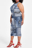 Dark Blue Casual Street Faux Denim Print Contrast O Neck Printed Plus Size Dresses