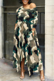 Army Green Casual Street Floral Print Gradient Pocket Contrast O Neck Irregular Dresses