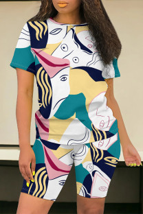 Multicolor Casual Street Geometric Print Floral Print Contrast O Neck Short Sleeve Two Pieces