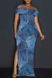 Blue Sexy Street Faux Denim Print Slit Off Shoulder Printed Dresses