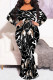Black Sexy Geometric Print Flowers Contrast V Neck Fishtail Plus Size Dresses