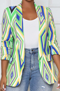 Green Street Stripe Buttons Patchwork Turn-back Collar Plus Size Overcoat