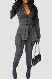 Dark Gray Street Solid Color Pocket Patchwork Strap Design Zipper Zipper Collar Long Sleeve Regular Denim Jumpsuits