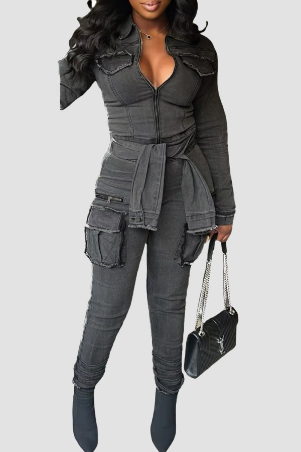 Dark Gray Street Solid Color Pocket Patchwork Strap Design Zipper Zipper Collar Long Sleeve Regular Denim Jumpsuits