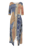 Multicolor Casual Street Faux Denim Print Pocket O Neck Irregular Dresses