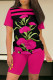 Rose Red Casual Street Flowers Chain print Contrast O Neck Short Sleeve Two Pieces