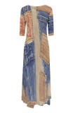 Multicolor Casual Street Faux Denim Print Pocket O Neck Irregular Dresses