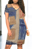 Blue Coffee Casual Daily Faux Denim Print Pocket Contrast V Neck Printed Short Sleeve Dress
