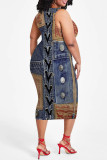 Dark Blue Casual Street Faux Denim Print Contrast O Neck Printed Plus Size Dresses