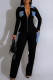 Black Casual Pocket Patchwork Zipper Contrast Turndown Collar Regular Jumpsuits