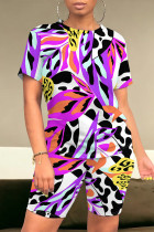 White Purple Casual Daily Geometric Print Flowers Pocket Contrast O Neck Short Sleeve Two Pieces