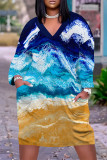 Black Yellow Casual Floral Print Pocket Contrast V Neck Printed Plus Size Dresses
