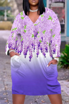 Purple Casual Floral Print Pocket Contrast V Neck Printed Plus Size Dresses