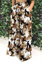 Brown Casual Street Geometric Print Camouflage Print Pocket Contrast Loose High Waist Wide Leg Full Print Bottoms