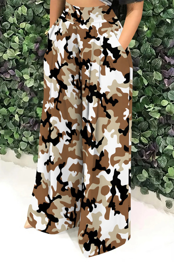 Brown Casual Street Geometric Print Camouflage Print Pocket Contrast Loose High Waist Wide Leg Full Print Bottoms