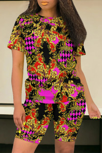 Multicolor Casual Street Flowers Chain print Contrast O Neck Short Sleeve Two Pieces