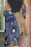 Blue Coffee Casual Street Faux Denim Print Irregular Contrast Sloping Shoulder Plus Size Two Pieces